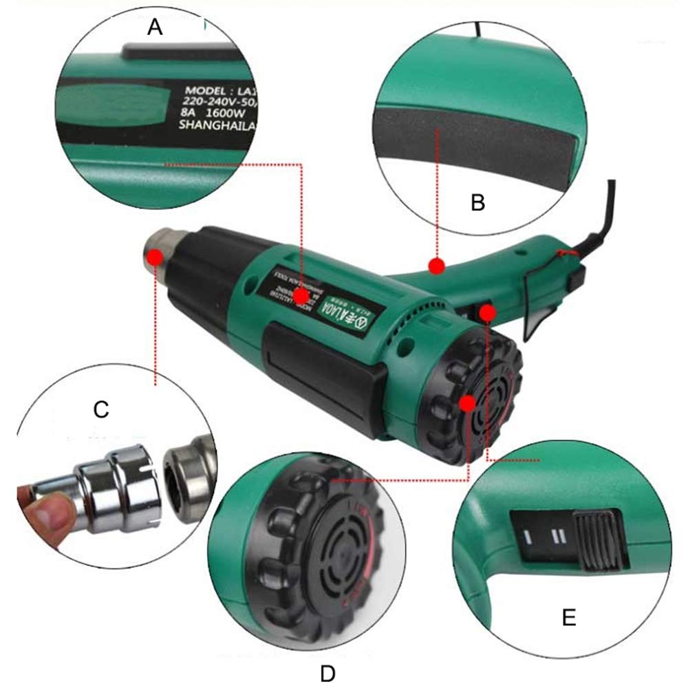 1600W Pistolet à Air Chaud 300-500 ℃ Promesse de Régulation de la Température 2 Vitesse du Vent Pistolet Thermique Rétractable