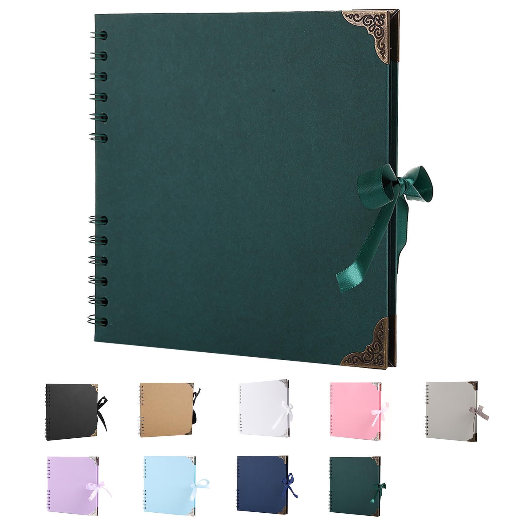 SHUBEIEUMI Scrapbook Photo Albums, 60 Pages Photo Book(20.5 x 20.5 cm), Scrap book with Ribbon Closure, Kraft Paper Scrap Book Ideal for Scrapbooking, Albums Arts and DIY Craft (Dark Green)