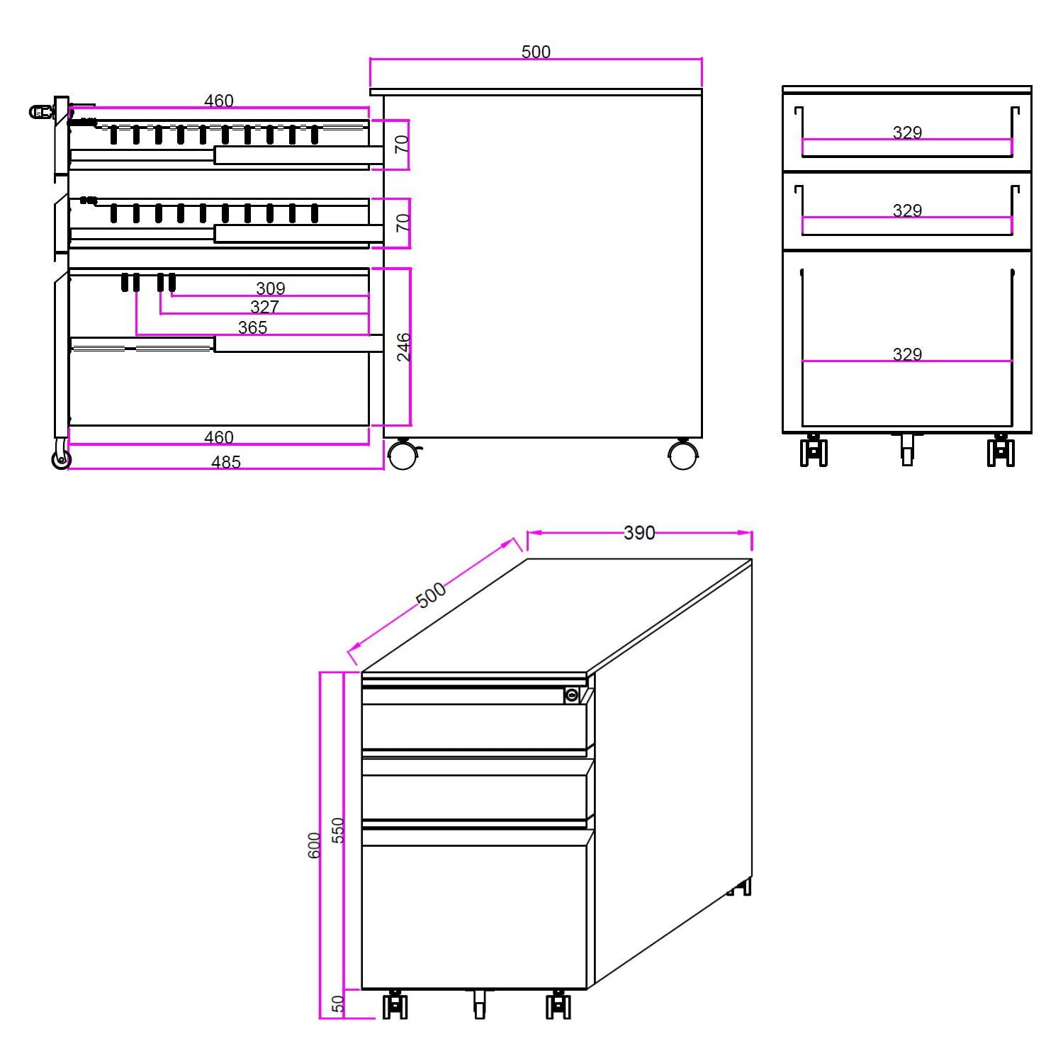 hjh OFFICE 743021 Caisson à roulettes avec Coussin d'assise Color OS Acier Noir Armoire à roulettes avec dossiers Suspendus A4, verrouillable