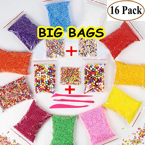 Foam Beads for Slime - Floam Beads, Foam Balls for Slime | with +[Fruit, Heart, Flower Printed Slices]+ 0.08-0.32 inch | 16 Pack 60000 pcs + 3 Tools for DIY Crafts