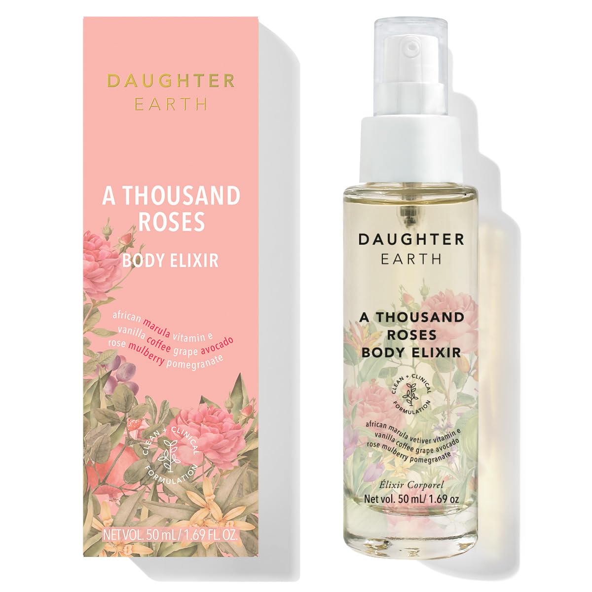 DAUGHTHER EARTH Thousand Roses Body Elixir | Body Oil for Dry & Glowing Skin | Pre & Post Wash Oil | Lightweight & Non-Greasy After Bath Daily Use Body Oil for Women | 50ml