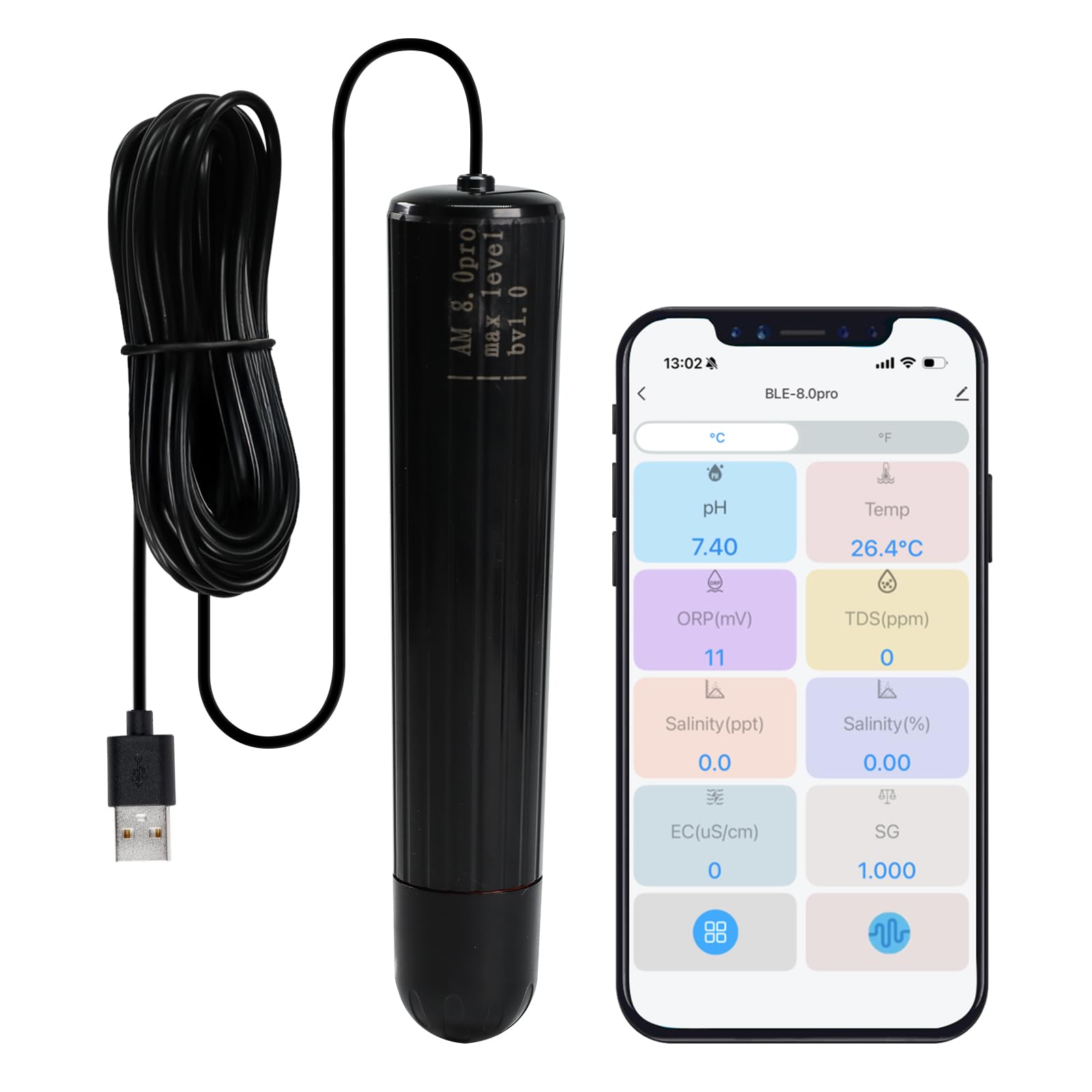 Testeur de qualité de l'eau WiFi 7 en 1 Smart Water Quality Monitor Sonde PH/ORP/TDS/EC/Salinité/SG/Temp pour Aquarium, Hydroponie, Aquaculture, Surveillance des données via App