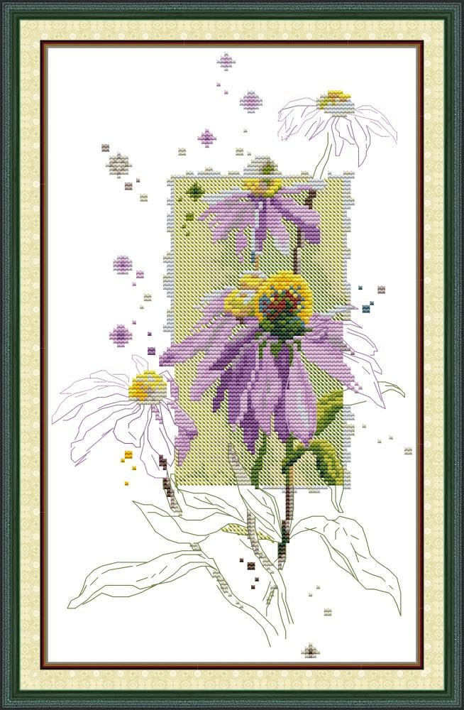 CaptainCrafts Cross Stitch Kits, Stamped Cross Stitch Preprinted Fabric DIY Art Embroidery Kits Needlework Crafts (Preprinted 11CT, Echinacea Flowers)