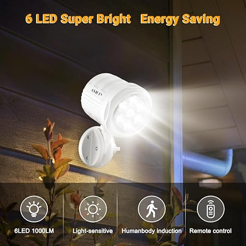 Miniatura 2 de ASOFTY Luz de exterior con sensor de movimiento, funciona con pilas, 6 LED de 1000 lúmenes inalámbricos con control remoto, IP65 impermeable 6000 K,