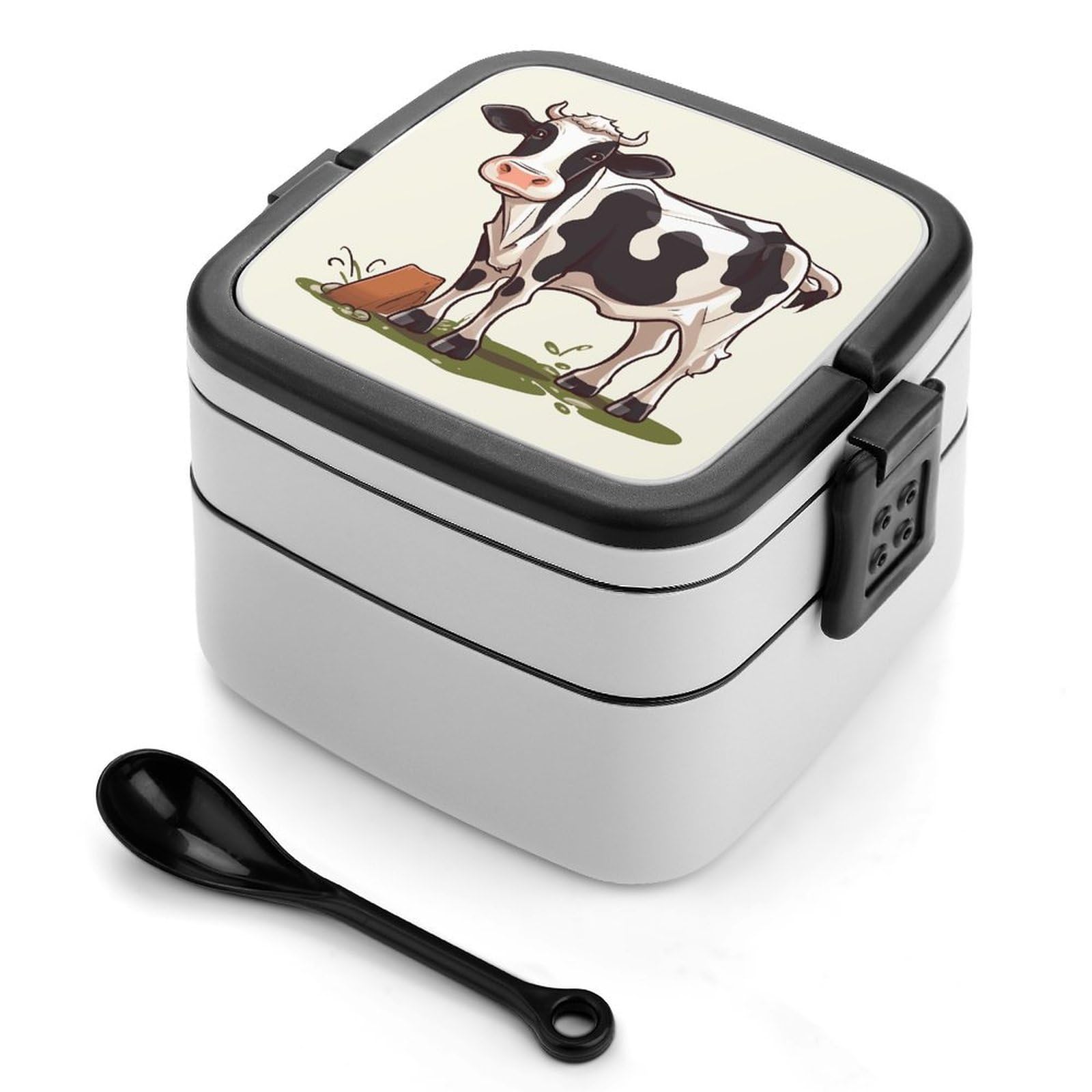 FekiLoot Dairy Cow Bento Box Adult Lunch Box Sealed Bento Lunch Boxes with Spoon Sturdy Double Layer Bento Boxes Snap-on Design Leak Proof Lunch Containers Ideal for Work