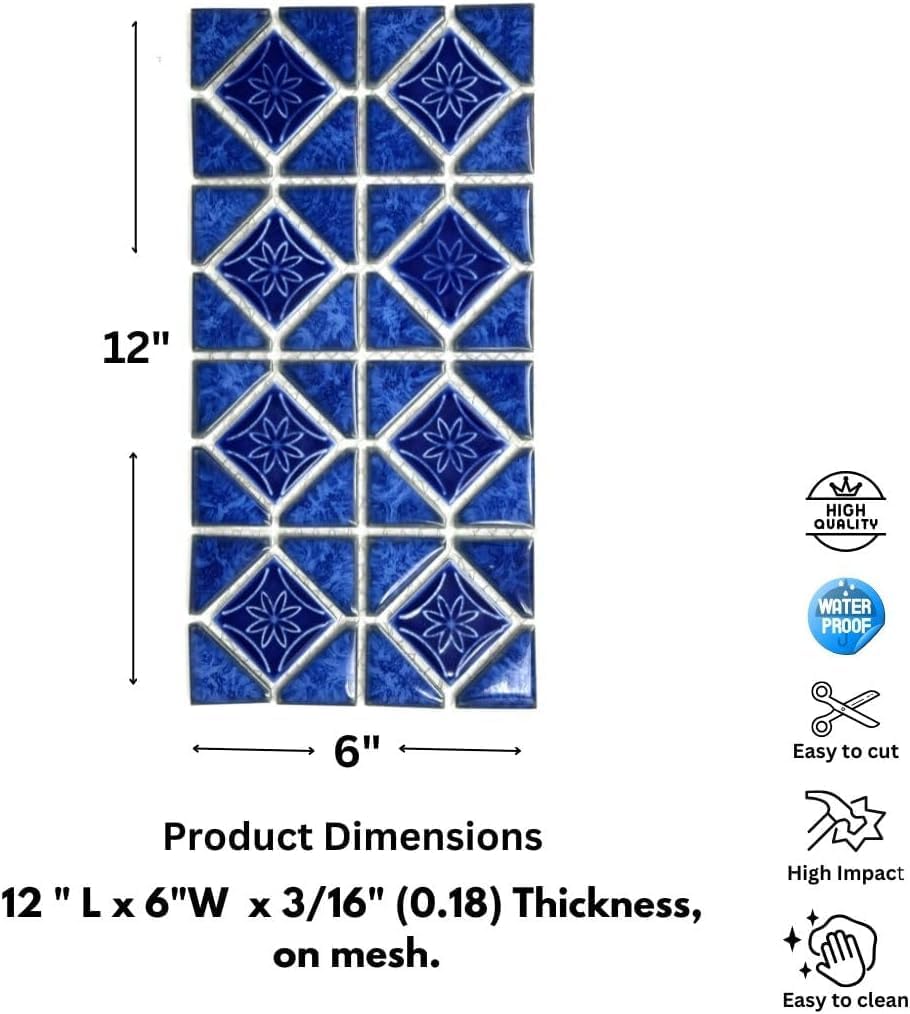 Tenedos Blue Diamond with Flower Glossy Porcelain Mosaic Tile – Mesh-Mounted 6x12 Sheet for Pool, Bathroom, Kitchen Backsplash, Shower & Accent Walls – (1 Sheet)