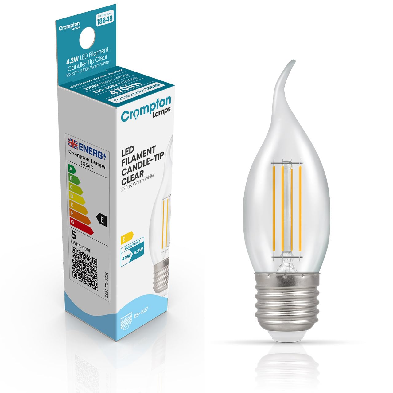Crompton Lamps Bent-Tip Candle LED Light Bulb ES-E27 | 4.2W = 40W Equivalent | Warm White 2700K | Flame Tip | Edison Screw Lightbulb | Long Life 15,000-Hrs | Clear Glass