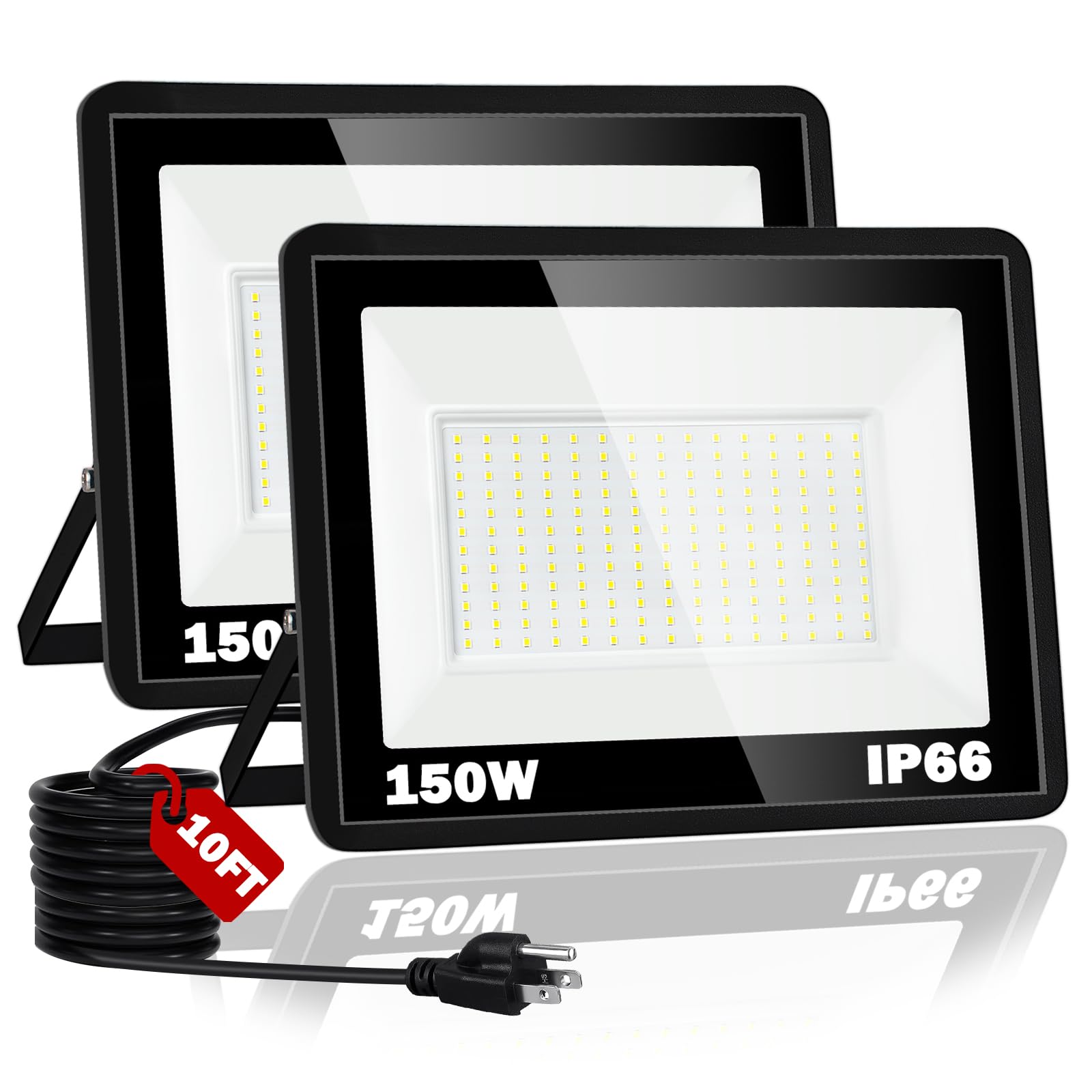Photo 1 of NEWREACH 150W LED Flood Light,18000LM Floodlight with Plug,IP66 Waterproof Outdoor Lights, 5000K Daylight White Security Lights,Outdoor Floodlights for Yard Stadium Garden?2 Pack?