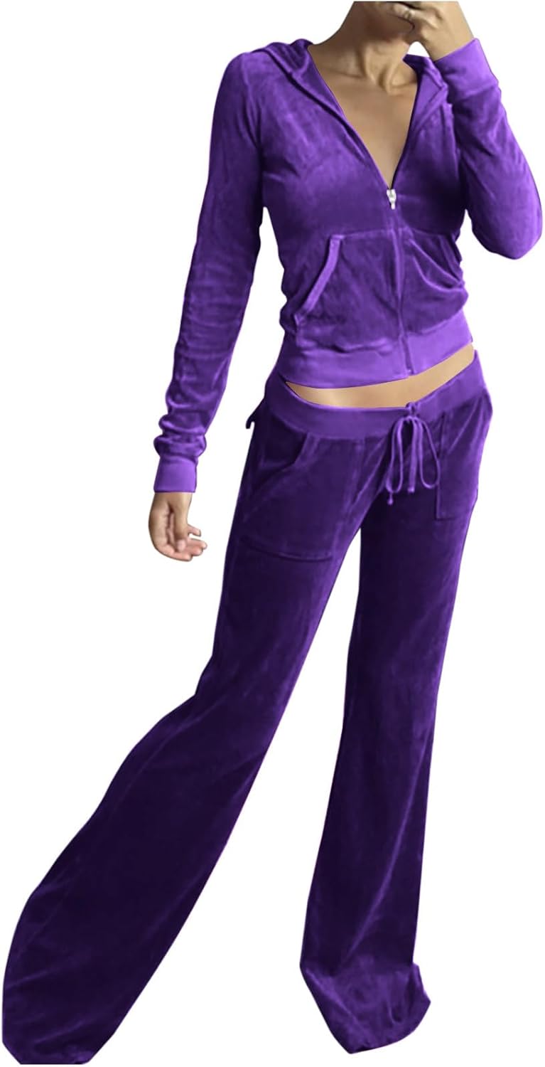Women 2 Piece Velour Tracksuits Long Sleeve Full Zip Hoodie Cropped Jacket and Sweatpants Velvet Y2K Sweatsuit Set