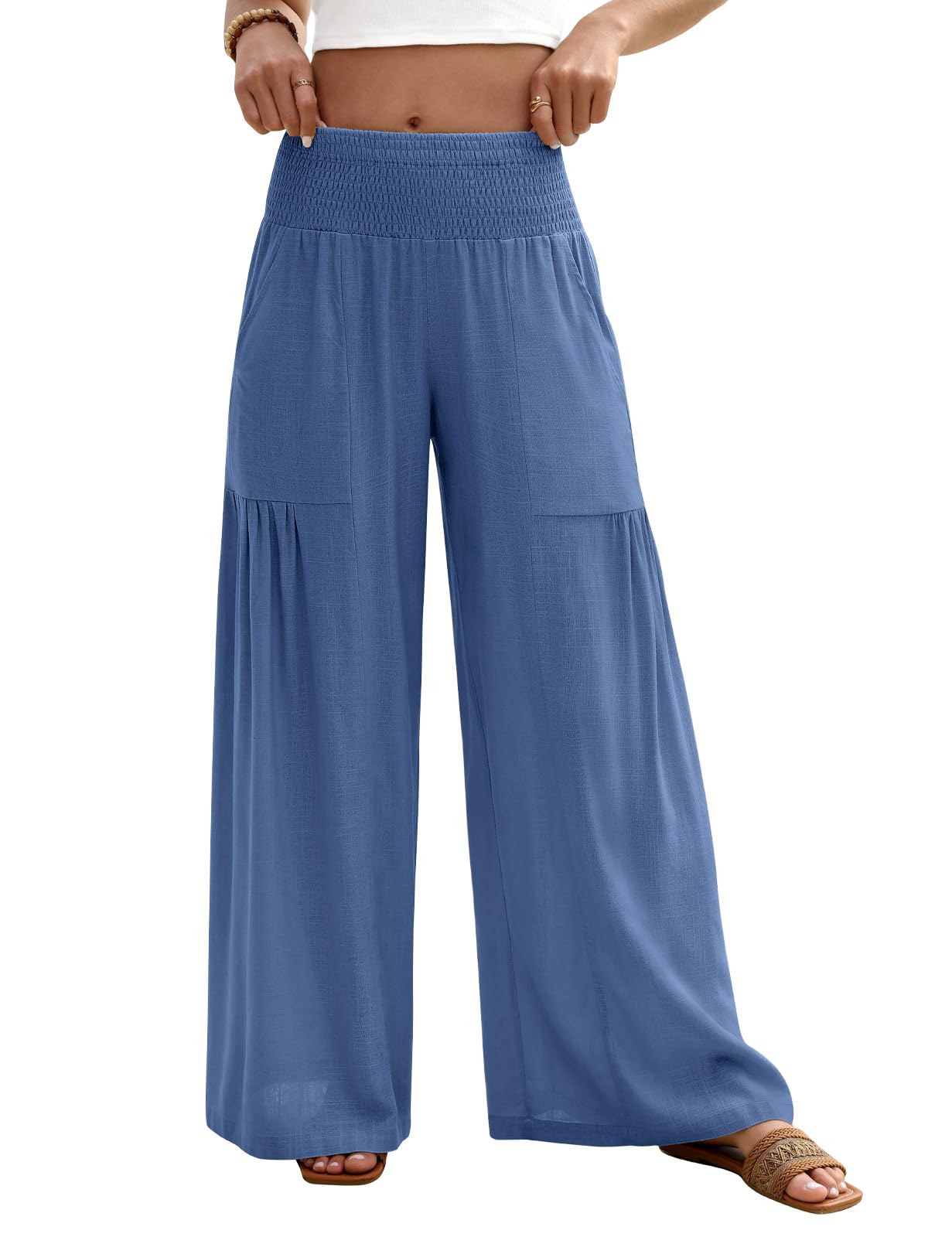 heekpek Pantalon Lino Mujer Verano Ancho Cintura Elastic Pantalones Mujer Verano Fluido Comodos Pantalones Largos con Bolsillos