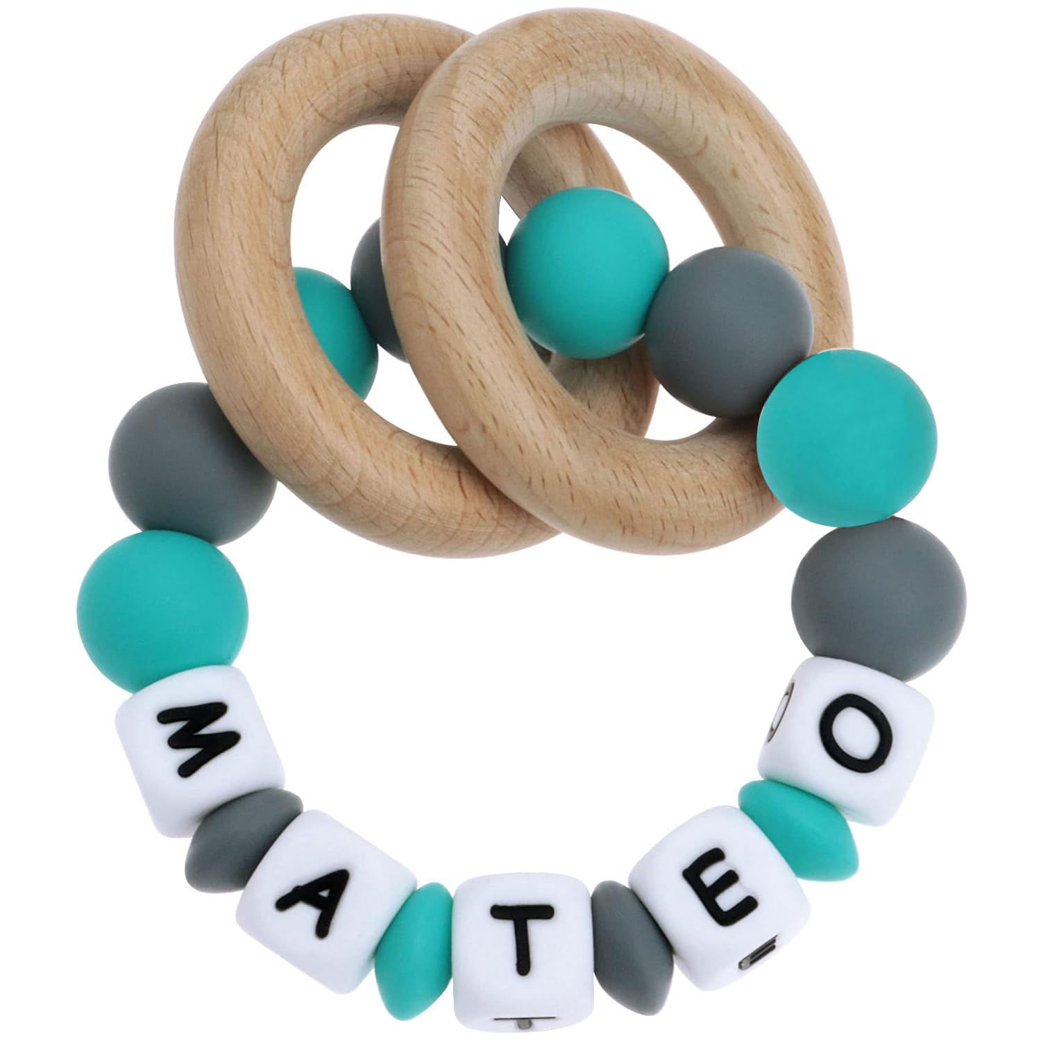 Munchewy Personalized Stroller Hook Play Ring with Name -Grey/Turquoise