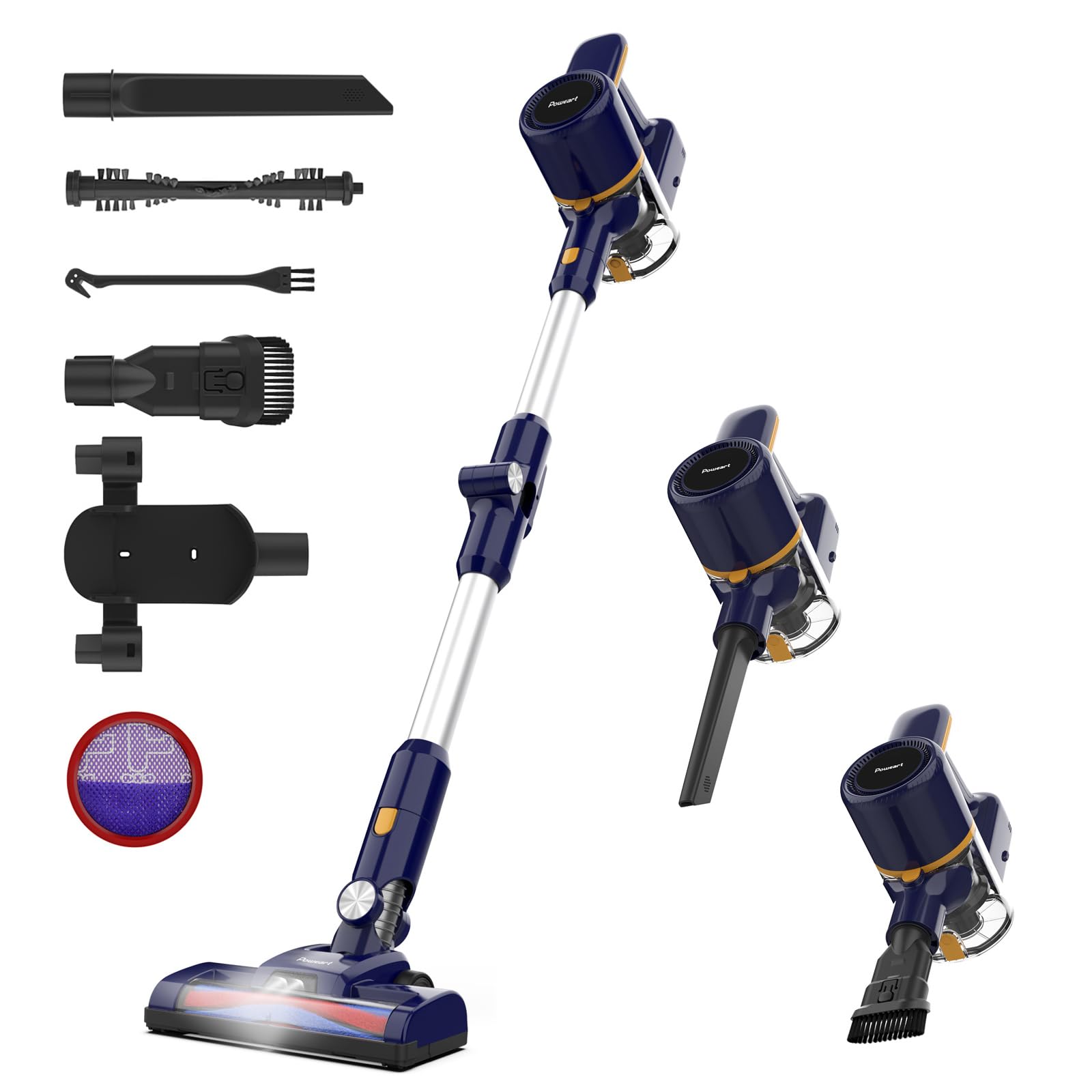 POWEART Cordless Stick Vacuum, Powerful Cordless Vacuum Cleaner, LED Floor Brush, 6-in-1 Versatile Lightweight Quiet Rechargeable Vacuum Cleaner for Per Hair Home