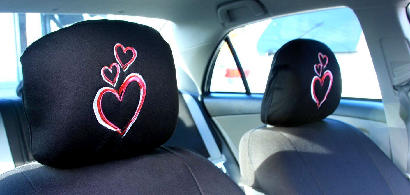 Yupbizauto New Black Flat Cloth Universal Fit Car Truck Seat Covers with Embroidery Logo Headrest Covers Support 60/40 Split Seats (Large Pink Heart)