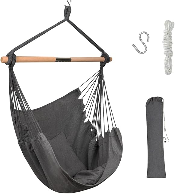 ANPPEX Hammock Swing Chair, with 2 Extra Padded Cushions and Wooden Support Bar, Indoor Outdoor Hanging Rope Hammock Chair Swing Seat, Contains Hook, Wooden Bar, Carry Bag