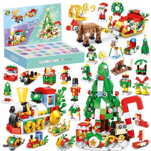Christmas Building Blocks Set for Kids, Christmas Tree Building Blocks, 24 Days Christmas Countdown Calendar 12 In 1 Xmas Tree Train Elk Building Toys, Xmas Stocking Gifts for Boys and Girls