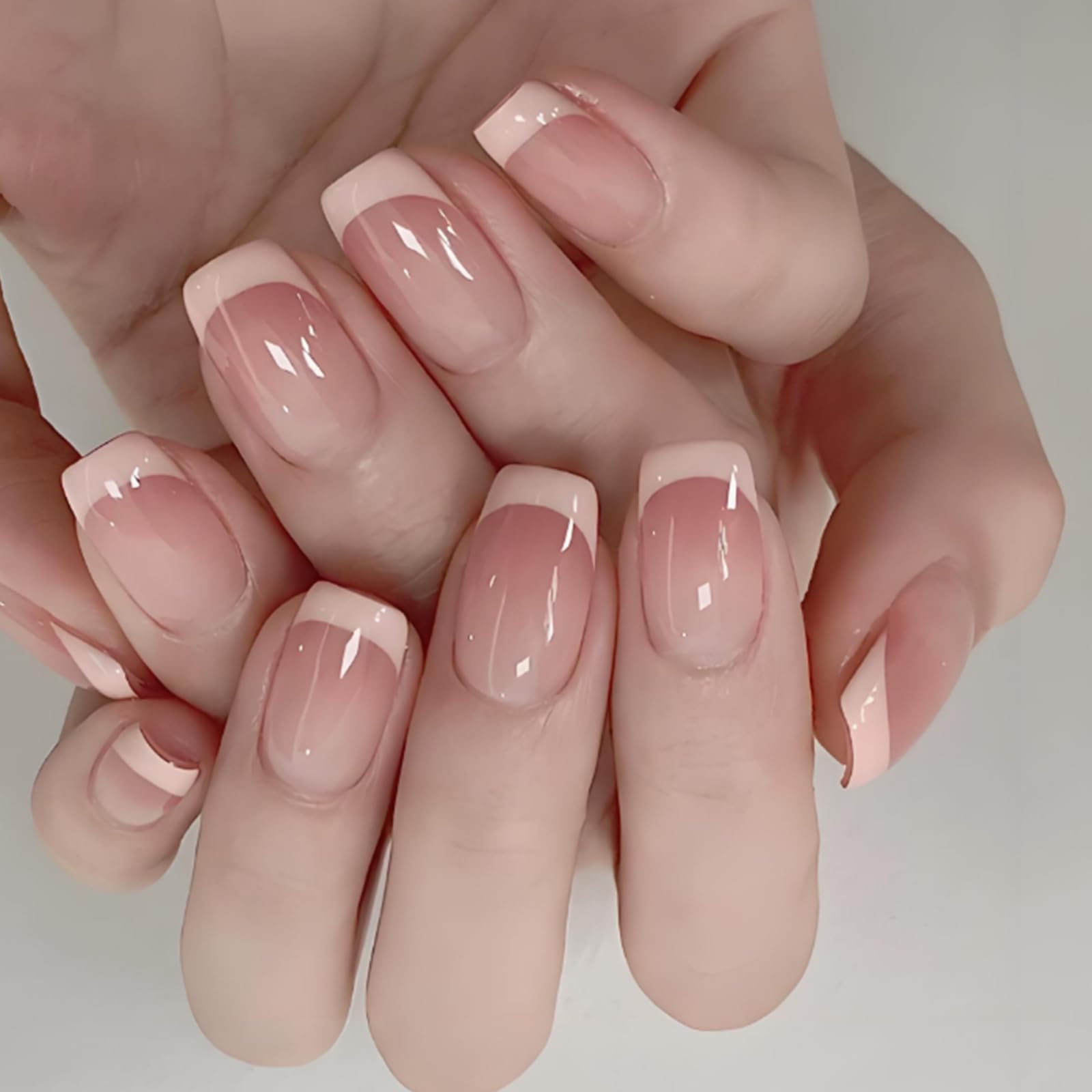 Nude Pink Ombre Glossy Press On Artificial Nails Set including French White Tips - Image 3