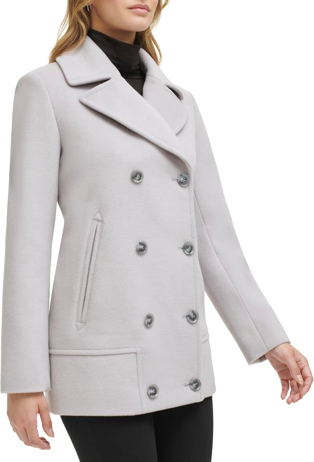 Kenneth Cole Womens Double Breast Notch Collar Button Details Wool Coat - Image 4