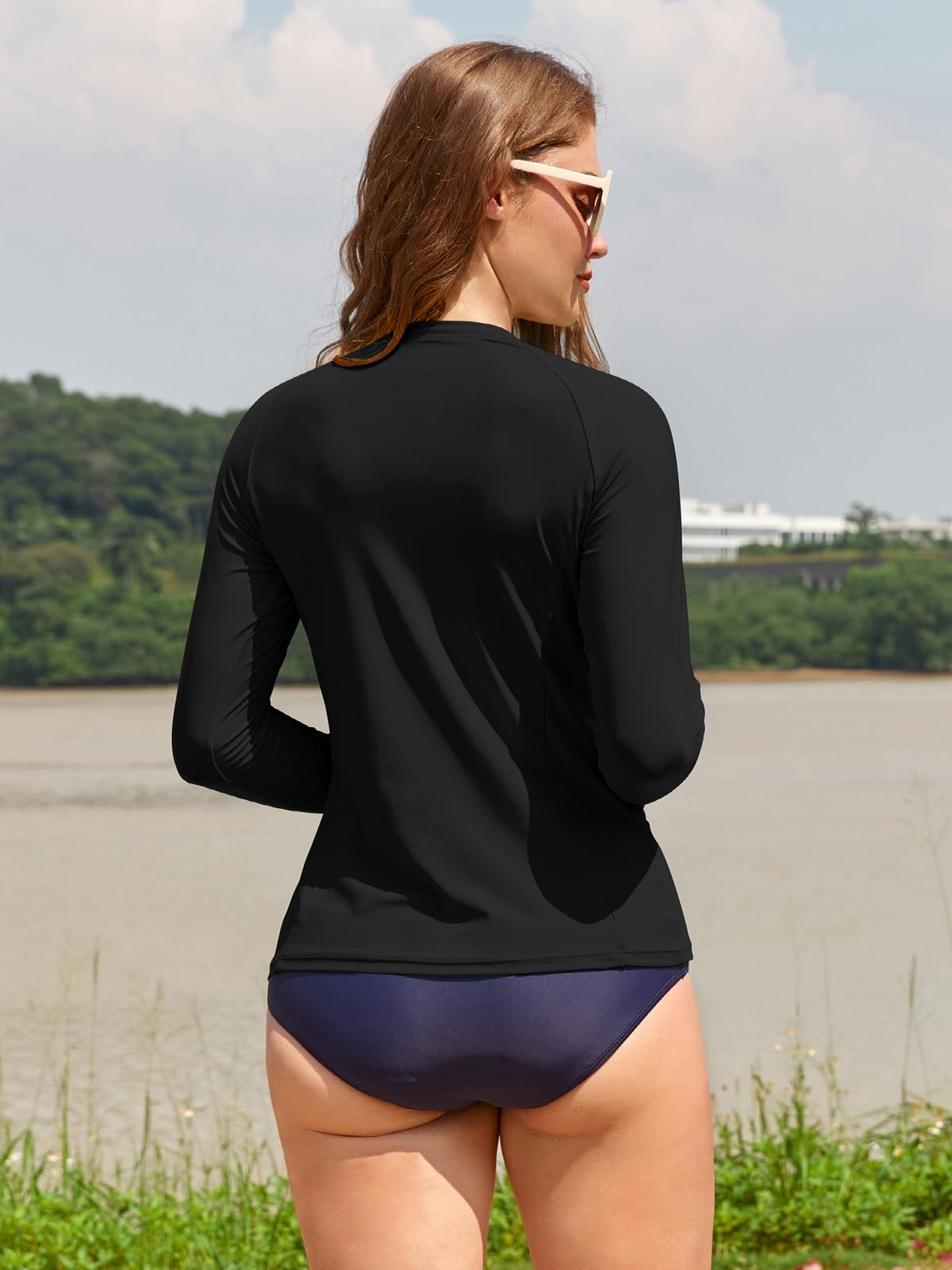 SHEKINI Haut de Maillot de Bain Femme à Manches Longues Tee Shirt Rashguard Demi-Fermeture Éclair Séchage Rapide Natation Surfing