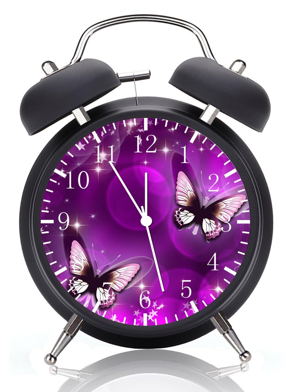 Purple Butterfly Butterflies Alarm Desk Clock Twin Bell with Night Light Quite Silent Non-Ticking 4 Inches Glass Face - Great Decor for Home or Office – Best Gift Ideas for Birthday or Holidays E25