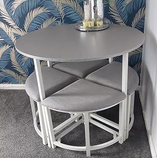 Dining Table and 4 Chairs Round Space Saver Seater Large Modern Metal Kitchen Breakfast Bar Furniture 5pc Set Small Compact Padded Seat Stool