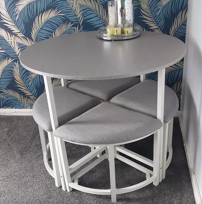 Dining Table and 4 Chairs Round Space Saver Seater Large Modern Metal Kitchen Breakfast Bar Furniture 5pc Set Small Compact Padded Seat Stool