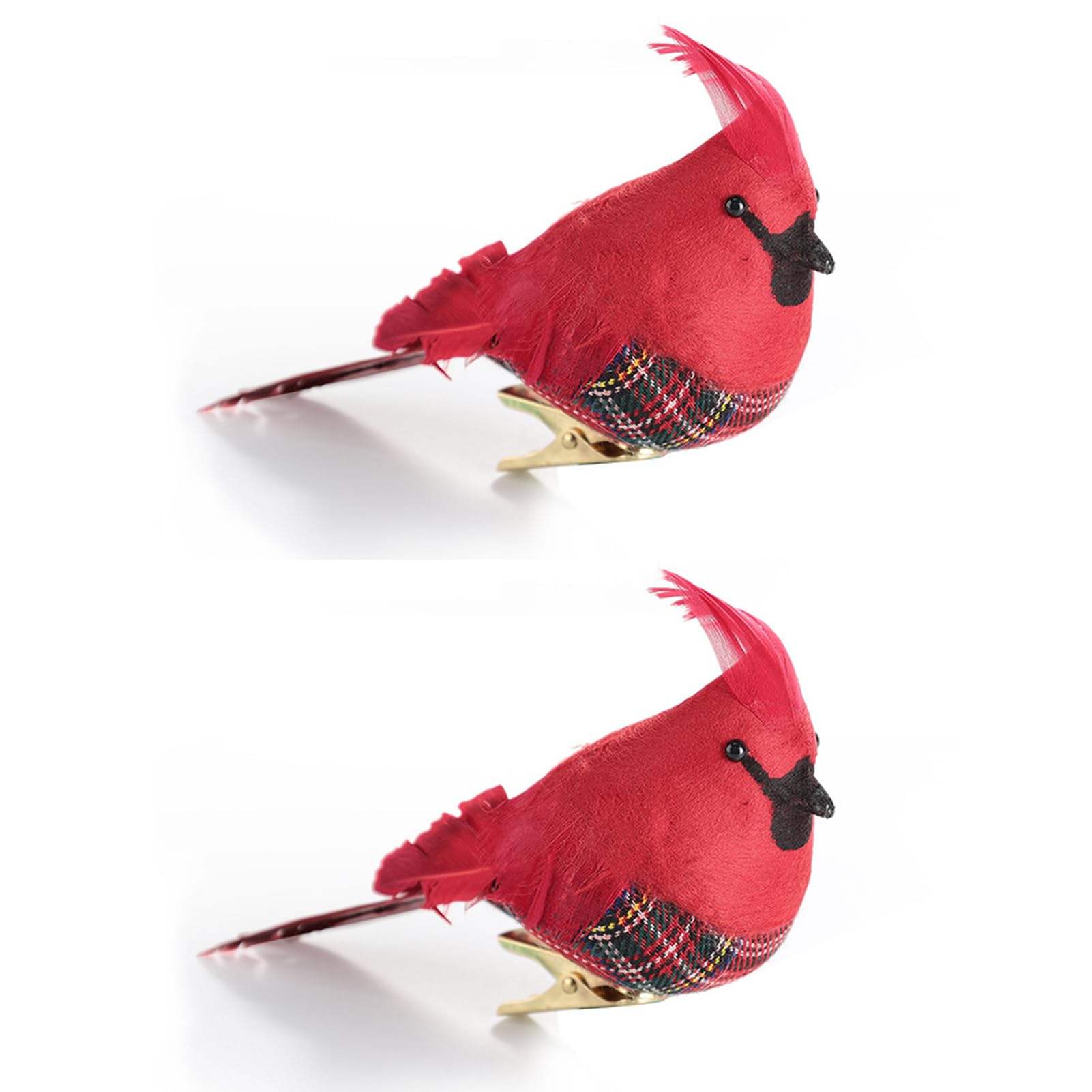Muiltvoe 2pcs Cardinal Clip on Christmas Ornaments, Buffalo Check Red Flocked Birds Feathered Foam Cardinal for Christmas Tree, Seasonal Wreath,Crafts (C)