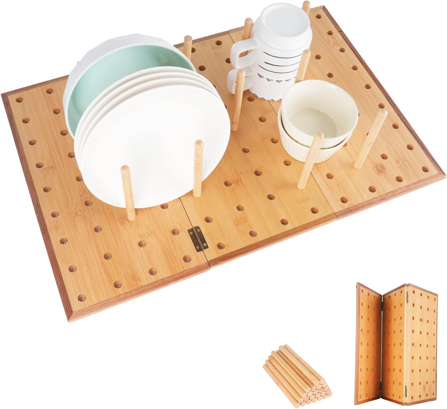 Foldable Pegboard Organizer for Kitchen – Bamboo Base & Acacia Wood Edge Dish Rack for Kitchen Countertop, and Drawer, 24 Pegs, 23.6" x 15.7"