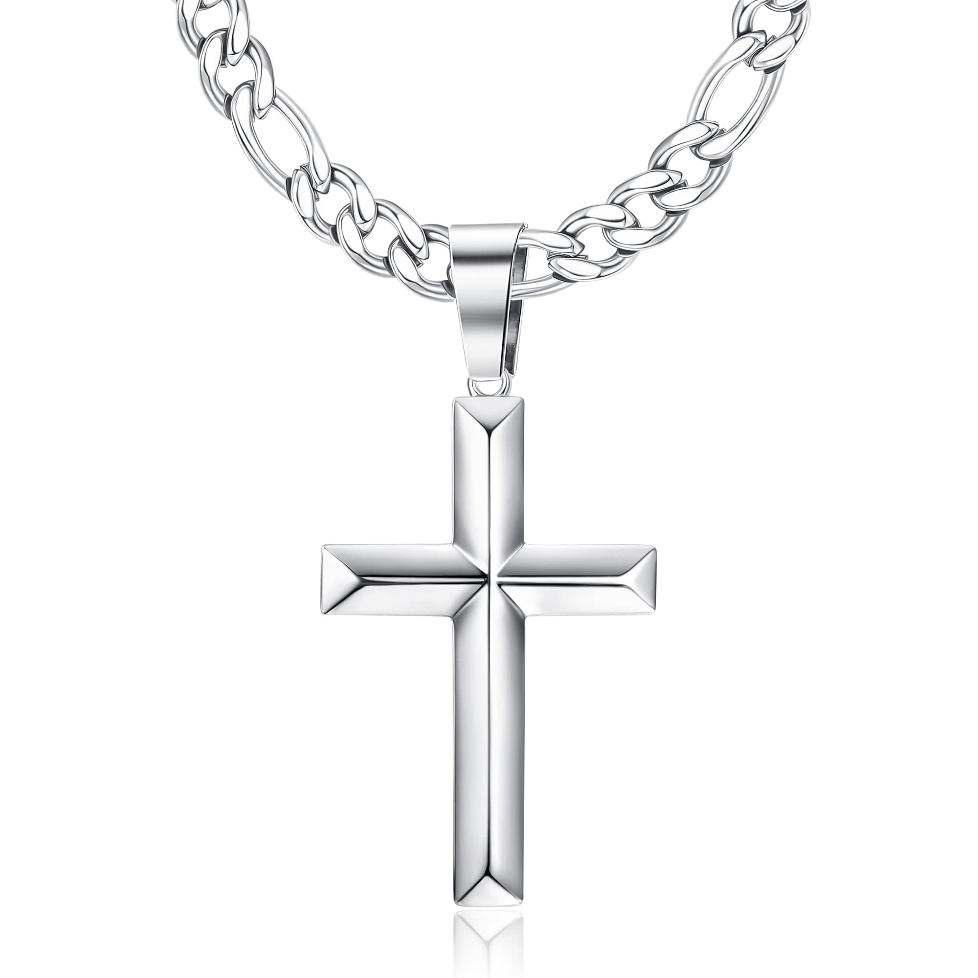 KRFY925 Sterling Silver Cross Necklace for Men Women with Stainless Steel Diamond-Cut Figaro Chain Necklace Highly Polished Beveled Edge Cross Pendant Necklace for Men Women 46/51/56/61/66/76CM