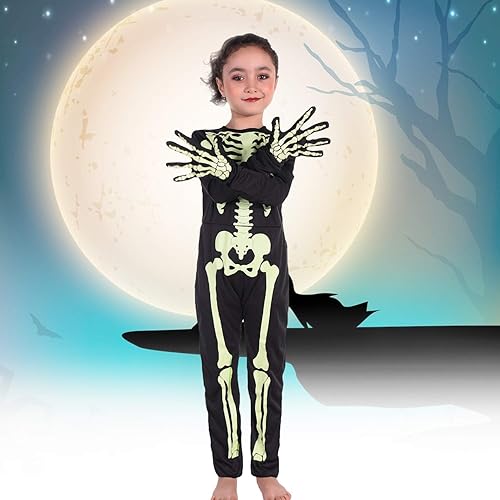 Miniatura 9 de Partisky Disfraz de esqueleto para niños pequeños, disfraz de esqueleto que brilla en la oscuridad para niños y niñas con guantes