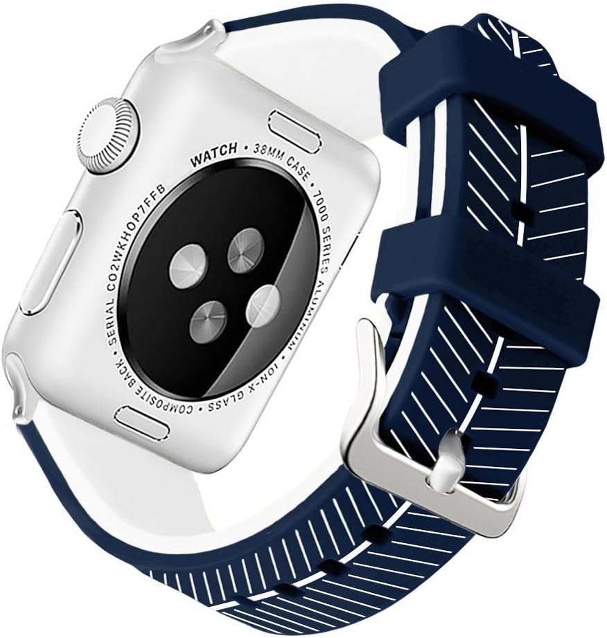 Podoru for Apple Watch band, Soft Silicone Replacement Watchband 38mm 42mm with Stainless Steel Buckle for Series 1 Series 2 Series 3 （Leaf 1 BLUE 42）