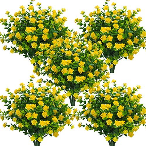 Grunyia 10 Bundles Artificial Fake Flowers, Faux Outdoor Plastic Plants Uv Resistant Shrubs Outside Indoor Decorations (Yellow-Eucalyptus) #TOP9