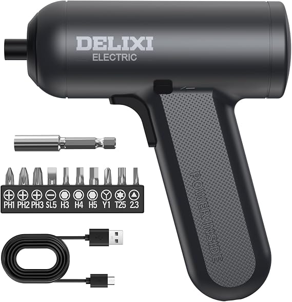 DELIXI Cordless Electric Screwdriver 4V Mini Cordless Drill Set with 1500mAh Battery, 5N.m Electric Torque, Rechargeable Electric Screwdriver with 10 Bits & 2.36 Extension Bar