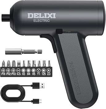 DELIXI Cordless Electric Screwdriver 4V Mini Cordless Drill Set with 1500mAh Battery, 5N.m Electric Torque, Rechargeable Electric Screwdriver with 10 Bits & 2.36" Extension Bar