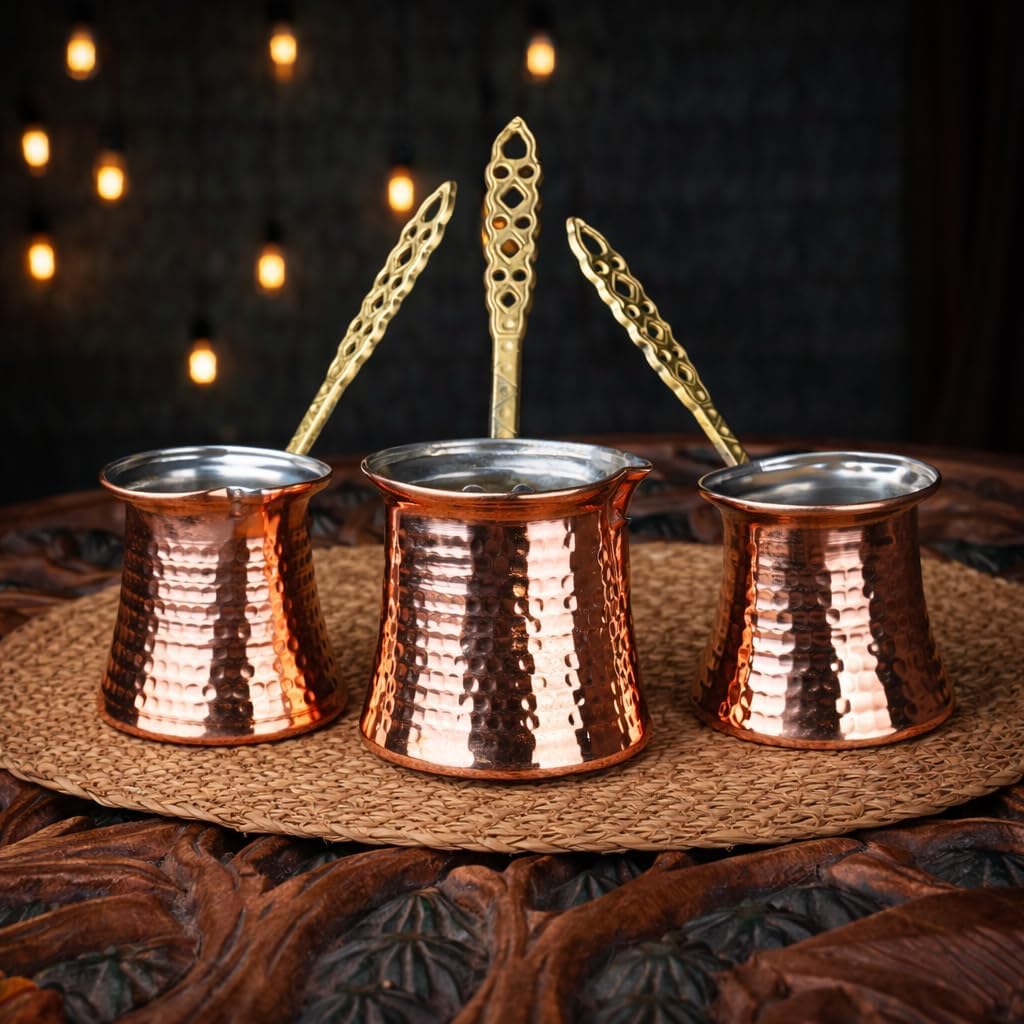 MEYA Handcrafted Copper Turkish Coffee Pot Set | Stove Top Cezve for Coffee, Milk, Butter & Chocolate | Fast Even Heating | Wooden Measuring & Stirring Spoons Included, 3 Sizes (200/260 / 350 ml)