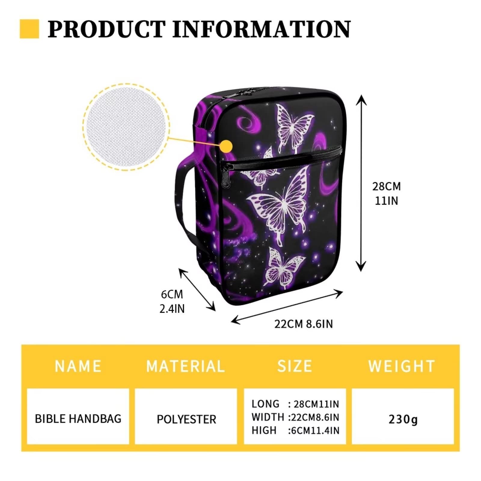 ZIATUBLES Purple Butterfly Print Bible Cover Bible Cover for Boy Portable Bible Carrying Case with Handleand Zippers Bible Bags and Totes Kids Bible Study Supplies Stationery Bible Bag - Image 3