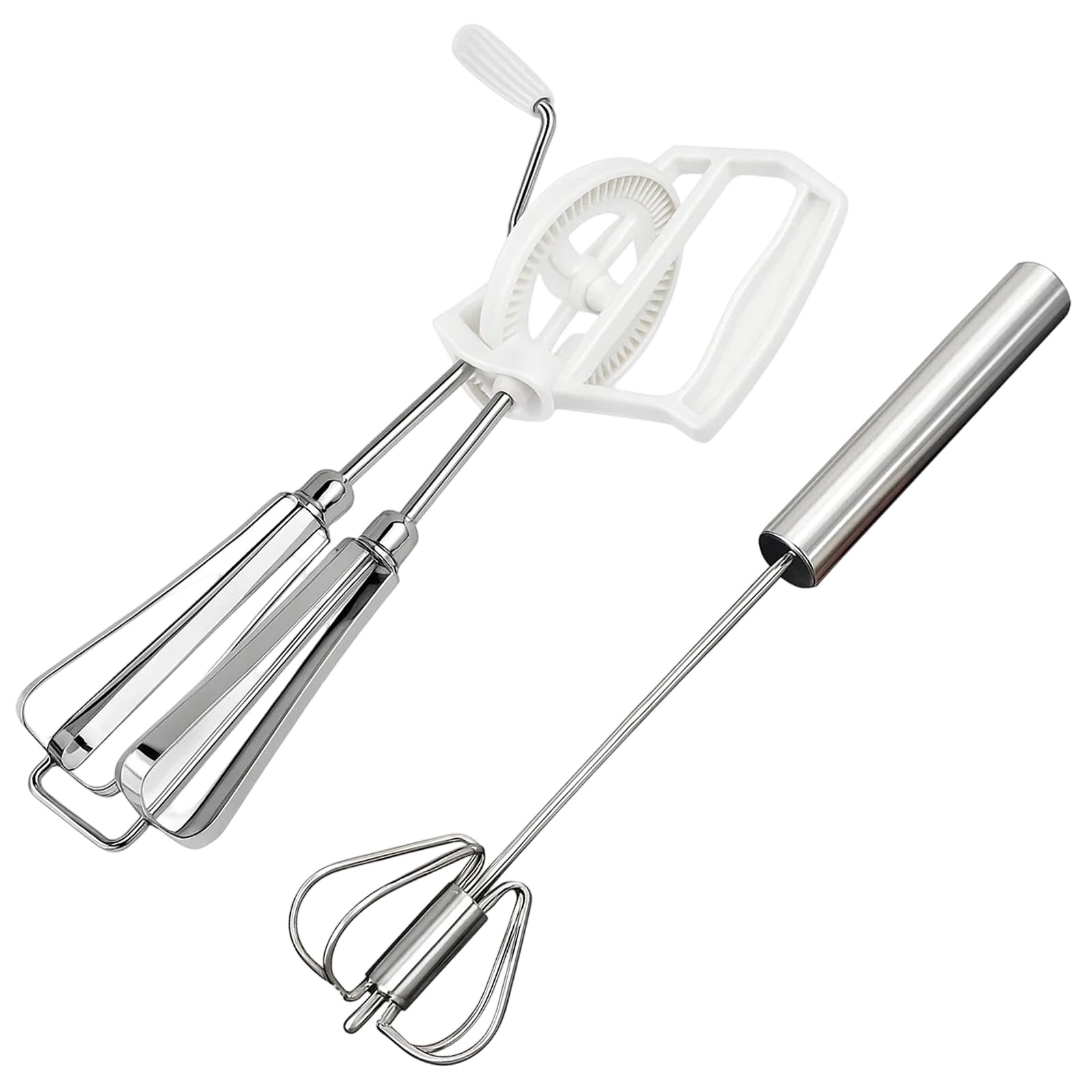 2 White Bagged Egg Beaters 1 Large Semi-Automatic Stainless Steel Mixer Durable Kitchen Tools for Baking and Cooking
