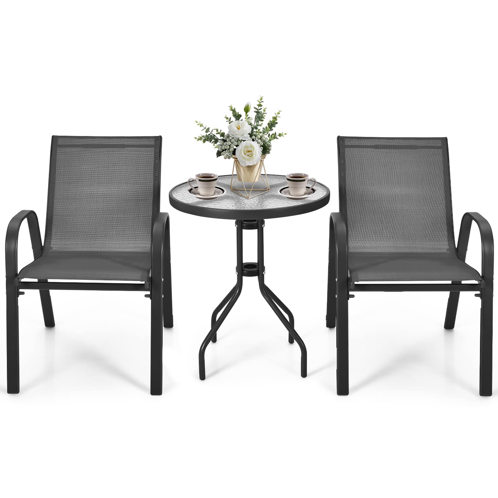 GYMAX Set Bistro da Esterno 3 Pezzi, 2 Poltrone e 1 Tavolino in Vetro Temprato, Telaio in Acciaio, per Giardino, Cortile, Balcone, Grigio