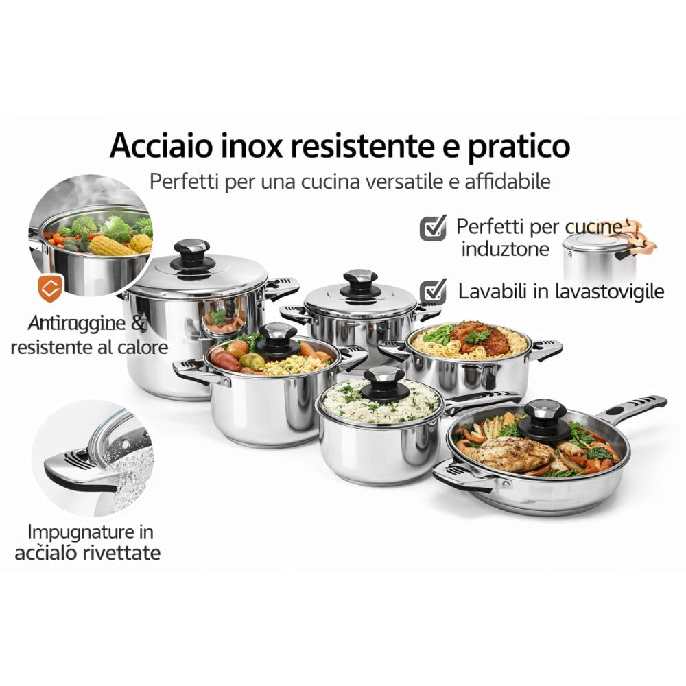 Batteria di Pentole 12 Pezzi in Acciaio Inox con Coperchio e Termostato - Adatte a Tutti i Piani Cottura