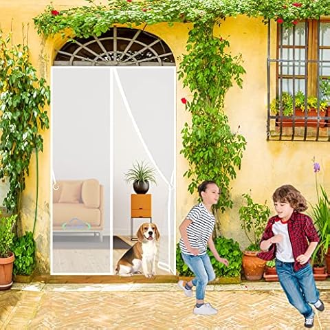 Door Mesh Magnetic Magic Curtain, 140x190 cm, Mosquito Net Magnets Self Closing, Magnetic Curtain Adhesive Installation Easy to Install, White [New Version] Cover