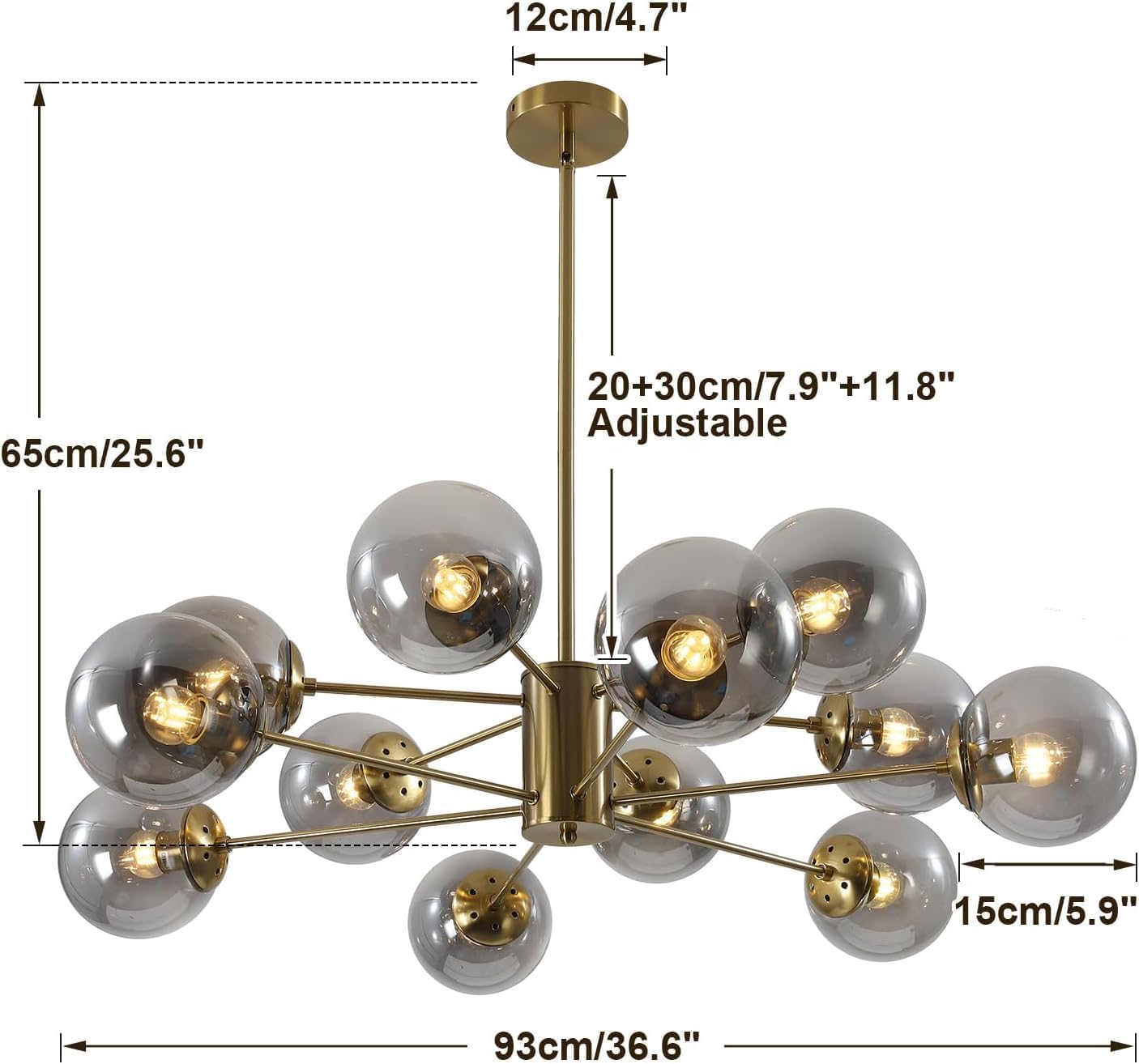 KCO Lighting Modern Large Sputnik Chandelier Gold Sputnik Ceiling Light Fixture 12-Lights Smoke Glass Globe Flush Mount Chandelier Mid Century Round Dining Room Chandelier