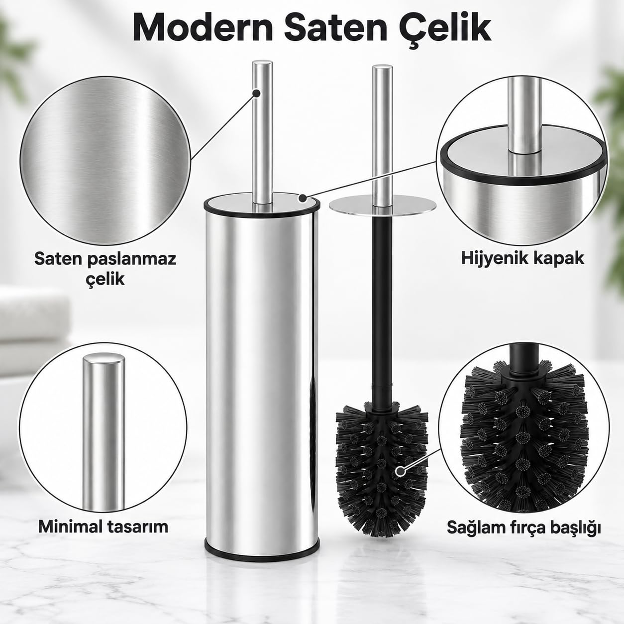 Deinhaus Paslanmaz Çelik Tuvalet Fırçası, Kapaklı WC Fırçası Seti, Gümüş Renk, Modern Banyo ve Tuvalet Aksesuarı, Tuvalet Fırçası