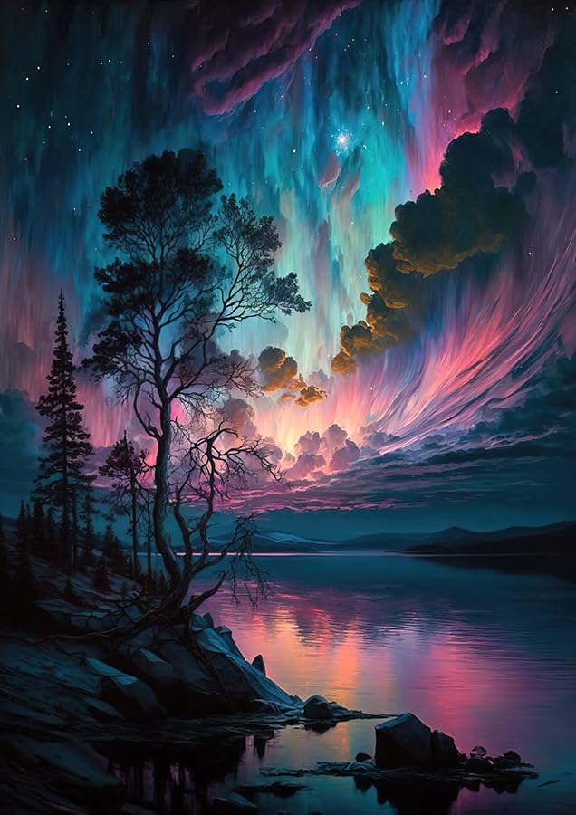Trees by the Lake with Blue and Pink Northen Lights Night Sky PRINT or CANVAS WALL ART - Aurora Borealis Mountains Landscape Home Decor - Multiple