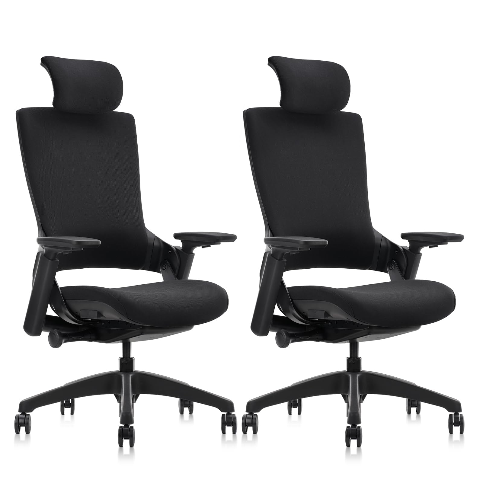CLATINA Ergonomic High Swivel Executive Chair with Adjustable Height Head 3D Arm Rest Lumbar Support and Upholstered Back for Home Office Studio, Black Fabric, 2 Pack