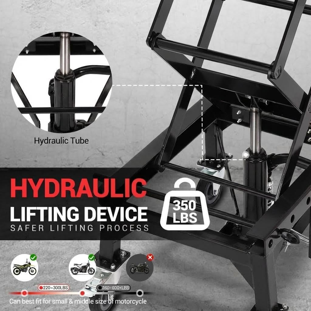 Garvee Hydraulic Motorcycle Lift Jack 350LBS, Foot Operated Scissor Lift Table for ATV Dirt Bike, Heavy-Duty Steel Stand with Safety Lock & Wheels, 13.78"-34.25" Height Adjustable, Motorcycle Scissor