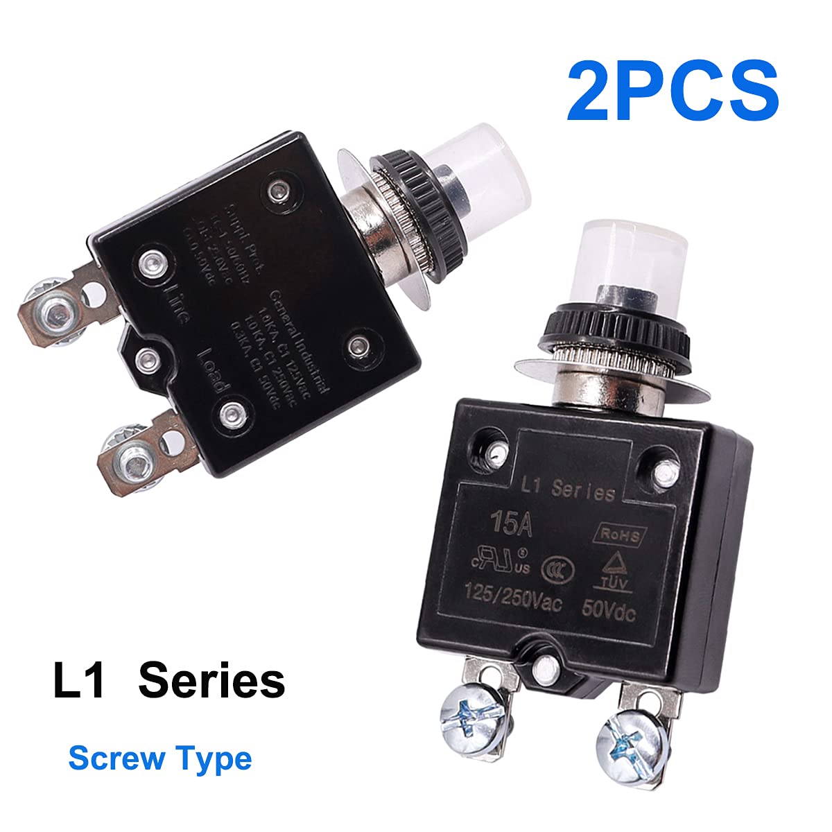 Lot De 2 Disjoncteurs Thermiques Réarmables 15A - 125/250V AC - Bouton Poussoir Reset - Uxcell