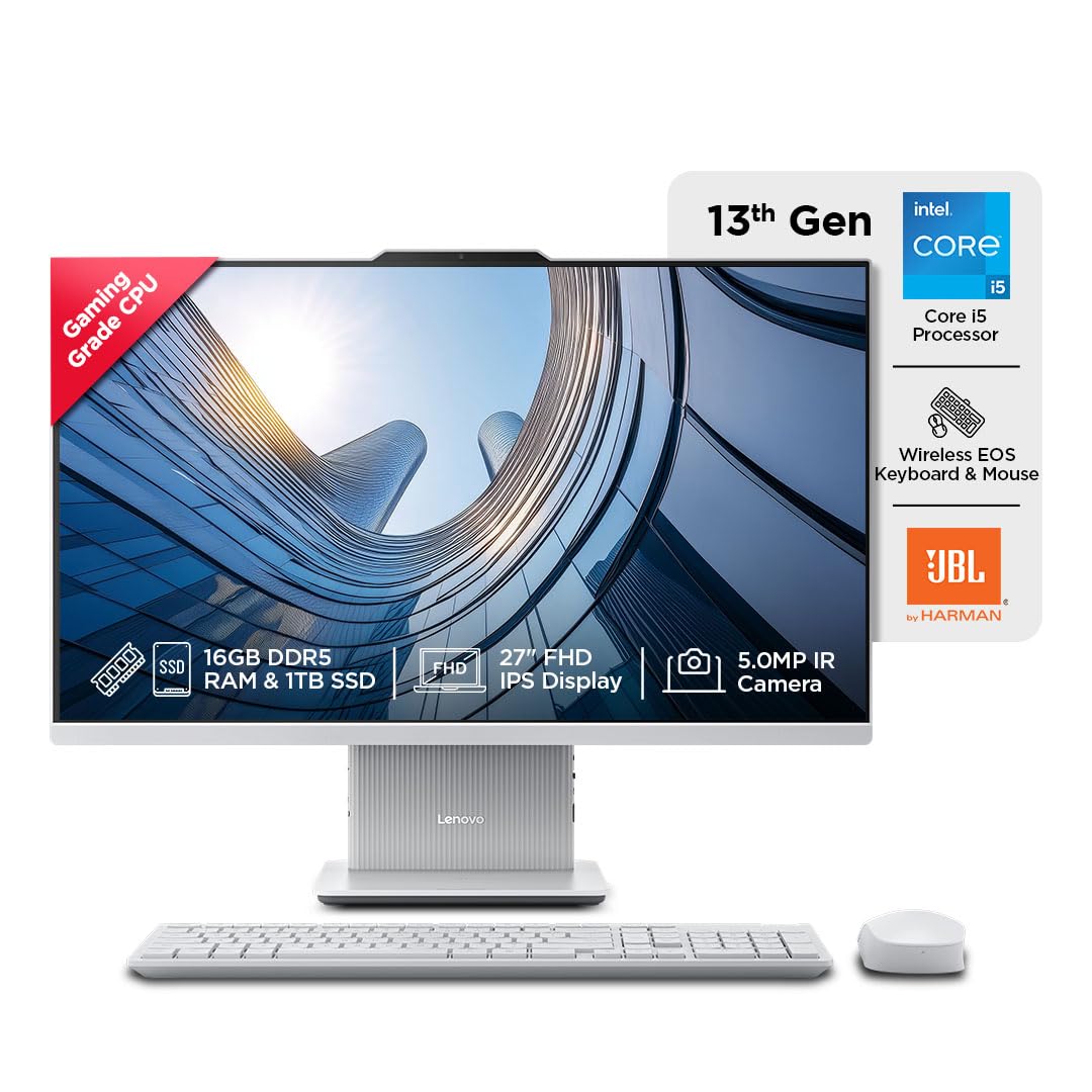 Lenovo IdeaCentre AIO 13th Gen Core i5-13420HU 27" FHD IPS (16GB RAM/1TB SSD/Windows11/Microsoft 365 Basic + Office Home 2024/3Wx2 Harman/Wireless Keyboard & Mouse,Grey), F0HM00PMIN All-in-One Desktop