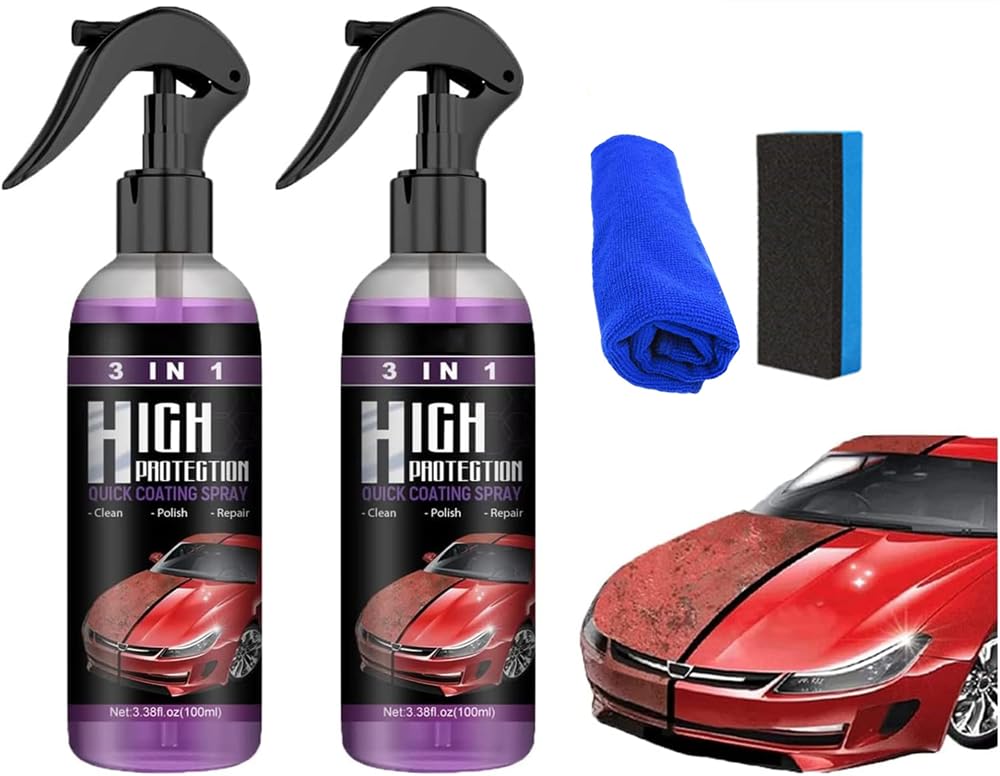 3 in 1 High Protection Ceramic Coating Nano Spray, Car Coating Wax Polishing Spray, Plastic Refresher, Quick Coat Car Wax Polish Spray, Fast Fine Scratch Repair (2Pcs*100ml+1 Towel+1 Sponge Rubbing)