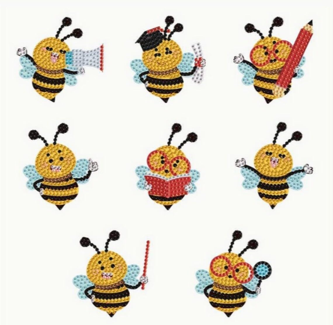 Syntego 8pcs 5D Diamond Art Assorted Learning Bumble Bee Magnets DIY Diamond Magnet Kit for Beginners Arts and Crafts