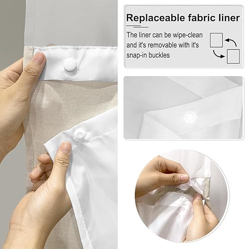 Miniatura 4 de Naturalliving Juego de cortina de ducha de lino con 2 forros de tela a presión, impermeable, sin gancho, juego de cortinas de ducha de hotel beige