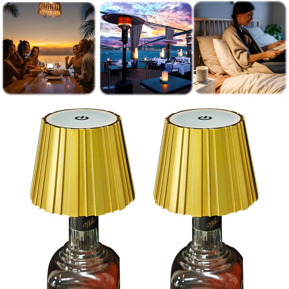 Wireless Bottle Lamp, 3 Colors Dimmable Wine Bottle Light Wireless Lampshade Touch Control LED Wine Bottle Lamp Kit, Dimming Bottle Night Light for Bar Restaurant Bedroom Home Deco (Gold B, 2PCS)